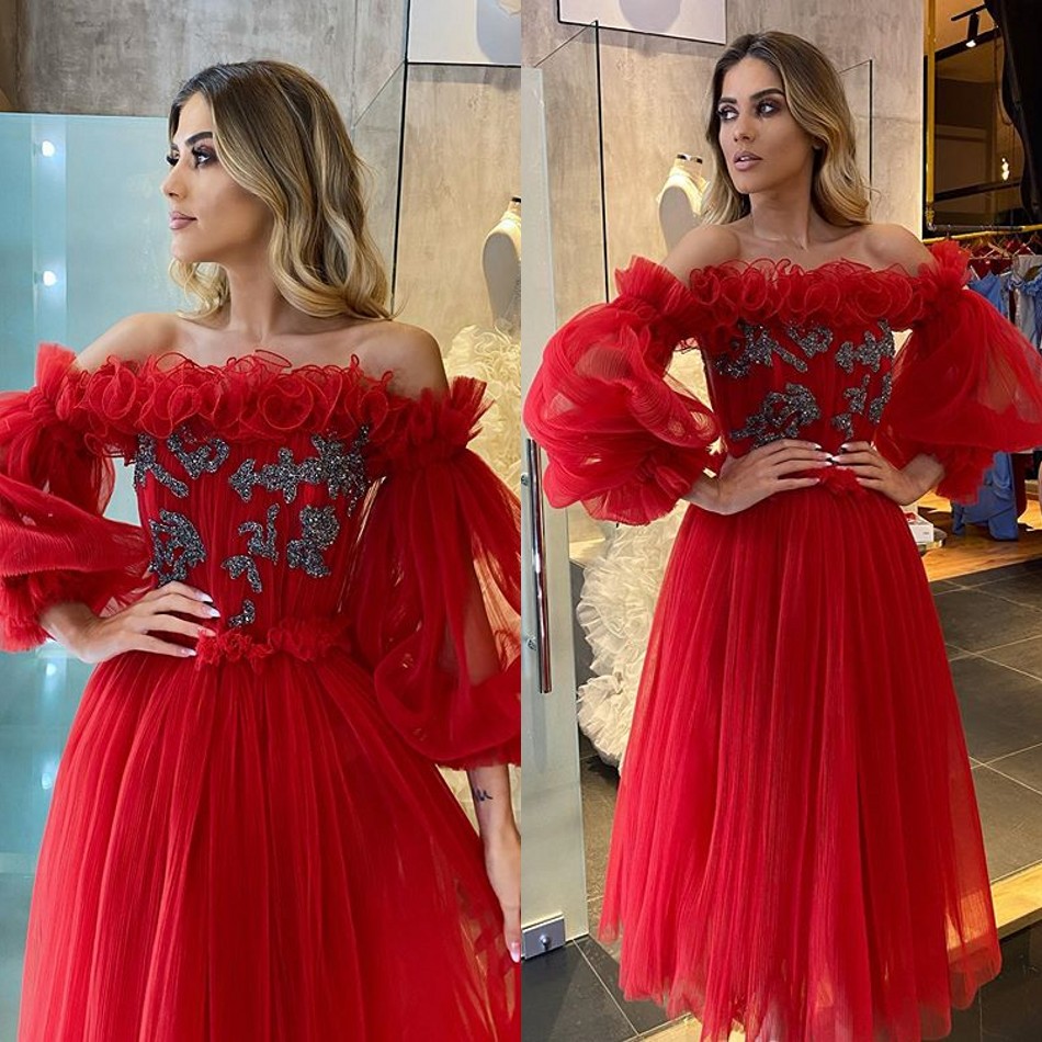 2020 Ankle Length Red Evening Dresses Strapless A Line Ruffles Appliques Beads Cheap Prom Dresses Custom Made Long Sleeve Formal Party Gowns