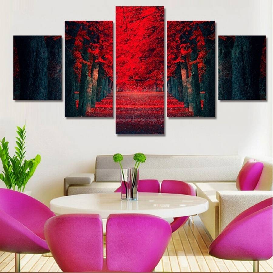 5pcs/set Unframed Red Forest Large Trees Landscape Painting On Canvas Wall Art Painting Art Picture For Living Room Decor