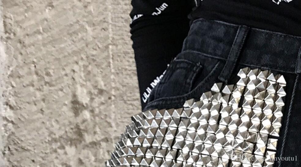 2020 Rivet beading denim shorts female high waist hollow cut hole denim shorts with strap street style hot shorts