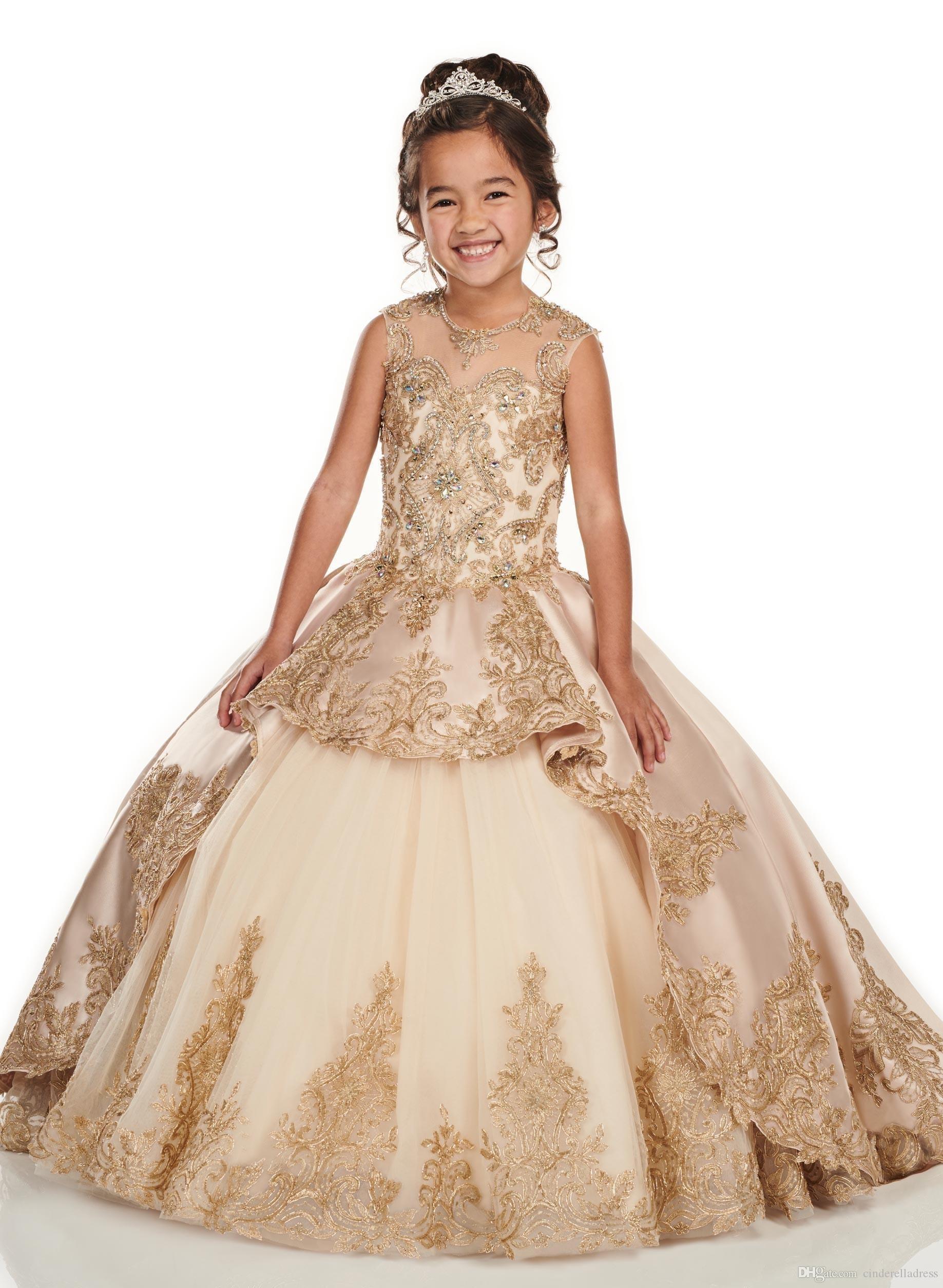 Gold Applique Lace Champagne Girls Pageant Dresses 2020 Cap Sleeve Jewel Beaded Crystal First Communion Flower Girls Dress BC2500