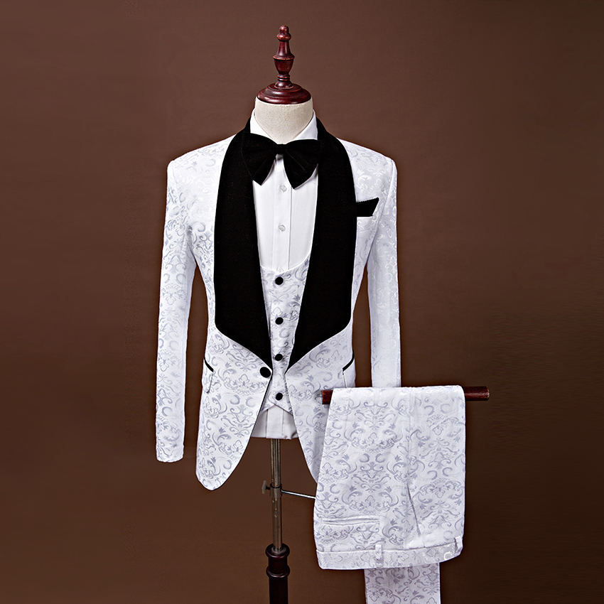 Latest White Wedding Groom Tuxedos For Prom Shawl Collar italian man shiny Jacquard Real Image Black Bow ties Groom Suits For Bestman 2019