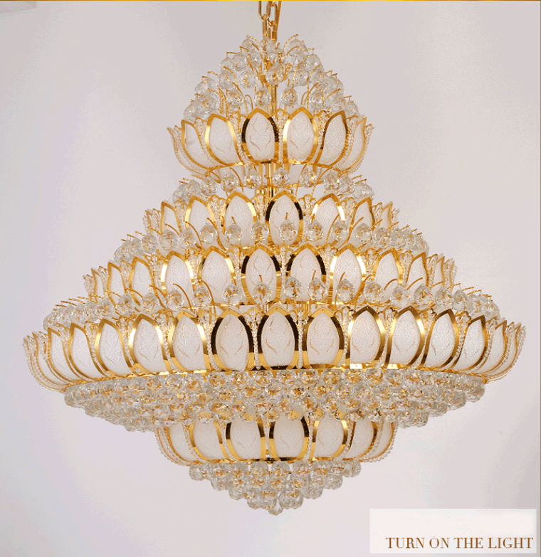 LED Light Modern Crystal Chandeliers Golden Lotus Flower Chandeliers Lights Fixture Gold Hotel Villa Home Temple Big Hanging Lamp European Indoor Ligh