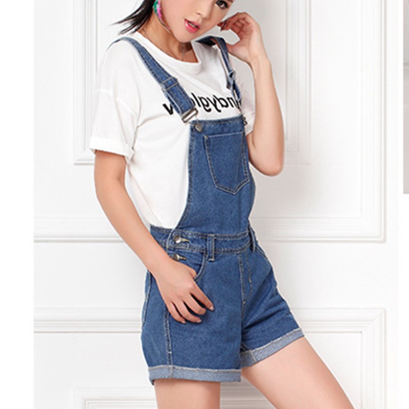 Women's Rolled-up Denim Shortalls Fashion Overall Loose Fit Plus Size Washed Blue Denim Short Jumpsuit with Pockets 28-42
