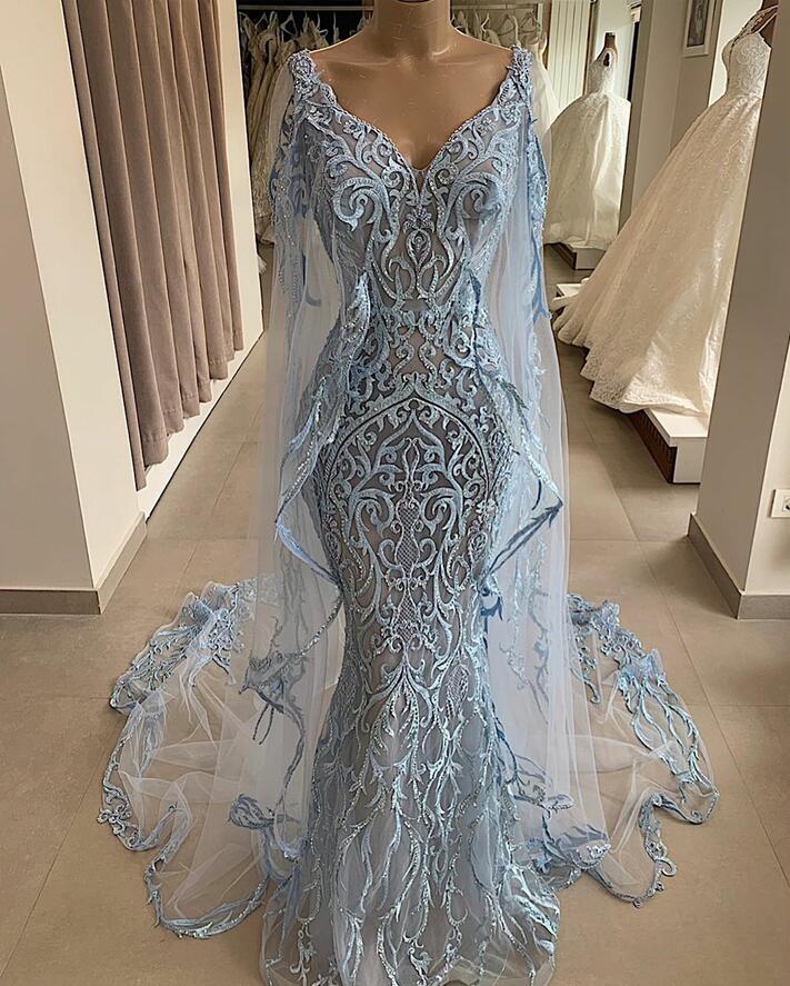 Elegant Mermaid Prom Dresses With Wrap Lace Appliqued V Neck Beads Light Blue Evening Gowns Long Formal Glitz Pageant Dress