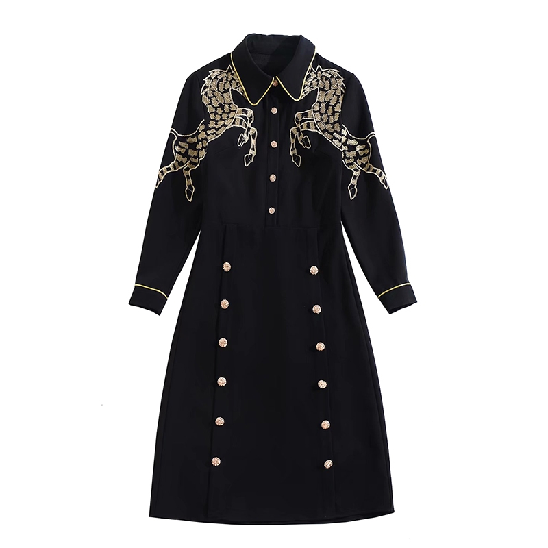 Retro Women' Black Dress Golden Horses Embroidery Buttons Turn-down Collar Long Sleeve Ladies Bodycon Dress
Retro Women' Black Dress Golden Horses Embroidery Buttons Turn-down Collar Long Sleeve Ladies Bodycon Dress