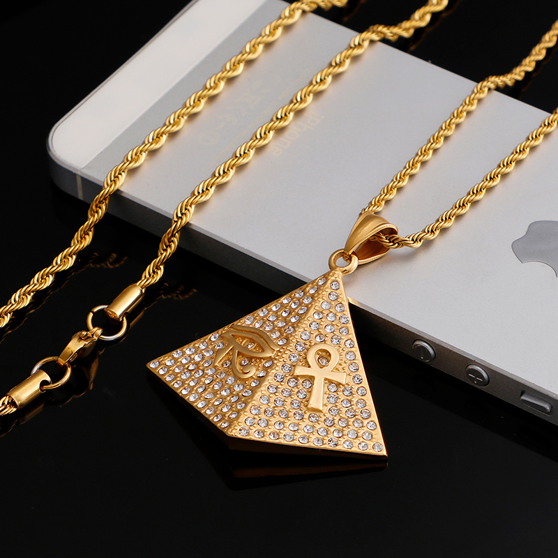 Egyptian Pyramids Cross Pattern Pendants Necklace Hip Hop 316L Stainless Steel 18K Gold Plated Rhinestone Setting Jewelry