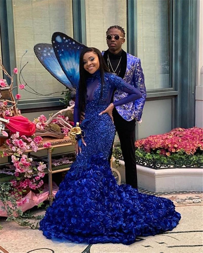 Royal Blue Mermaid Evening Dresses Plus Size Long Sleeve Black Girls Rose Flower Appliqued Prom Gowns Beads Special Occasion Dress