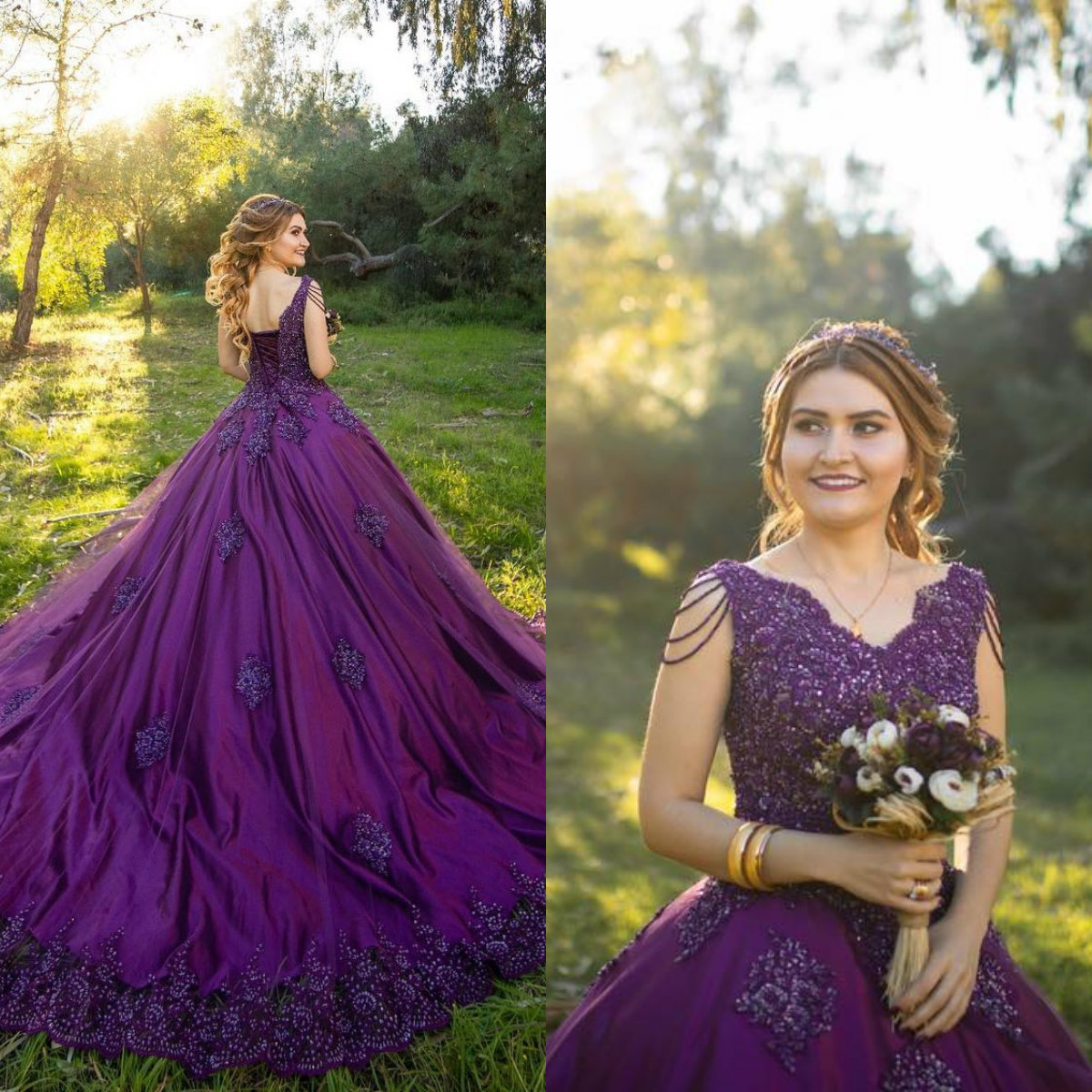 2019 Purple Vintage Prom Dresses V Neck Sequins Beaded Sweep Train Quinceanera Dress Women Formal Evening Gowns Lace Up robes de soirée