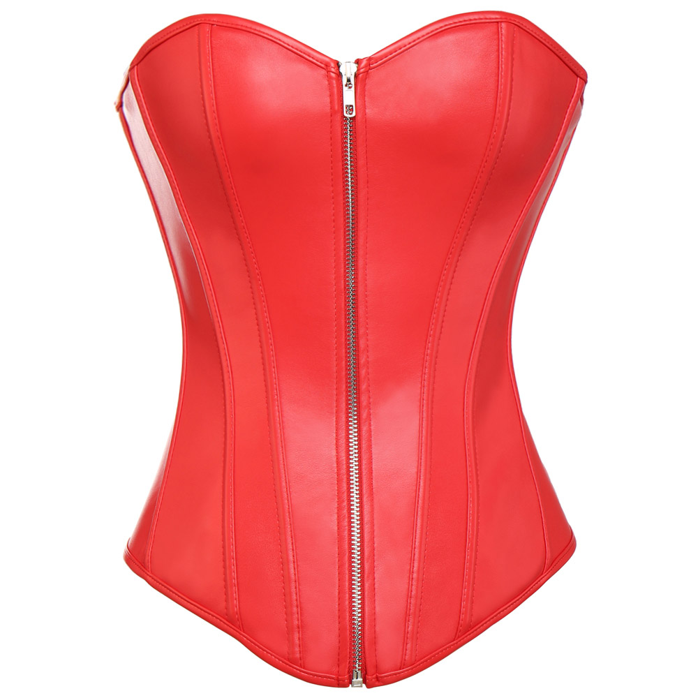 PVC Faux Leather Overbust Corset Bustier S-6XL Plus Size Women Front Zipper Corset Push up Bra Red Black LC5223