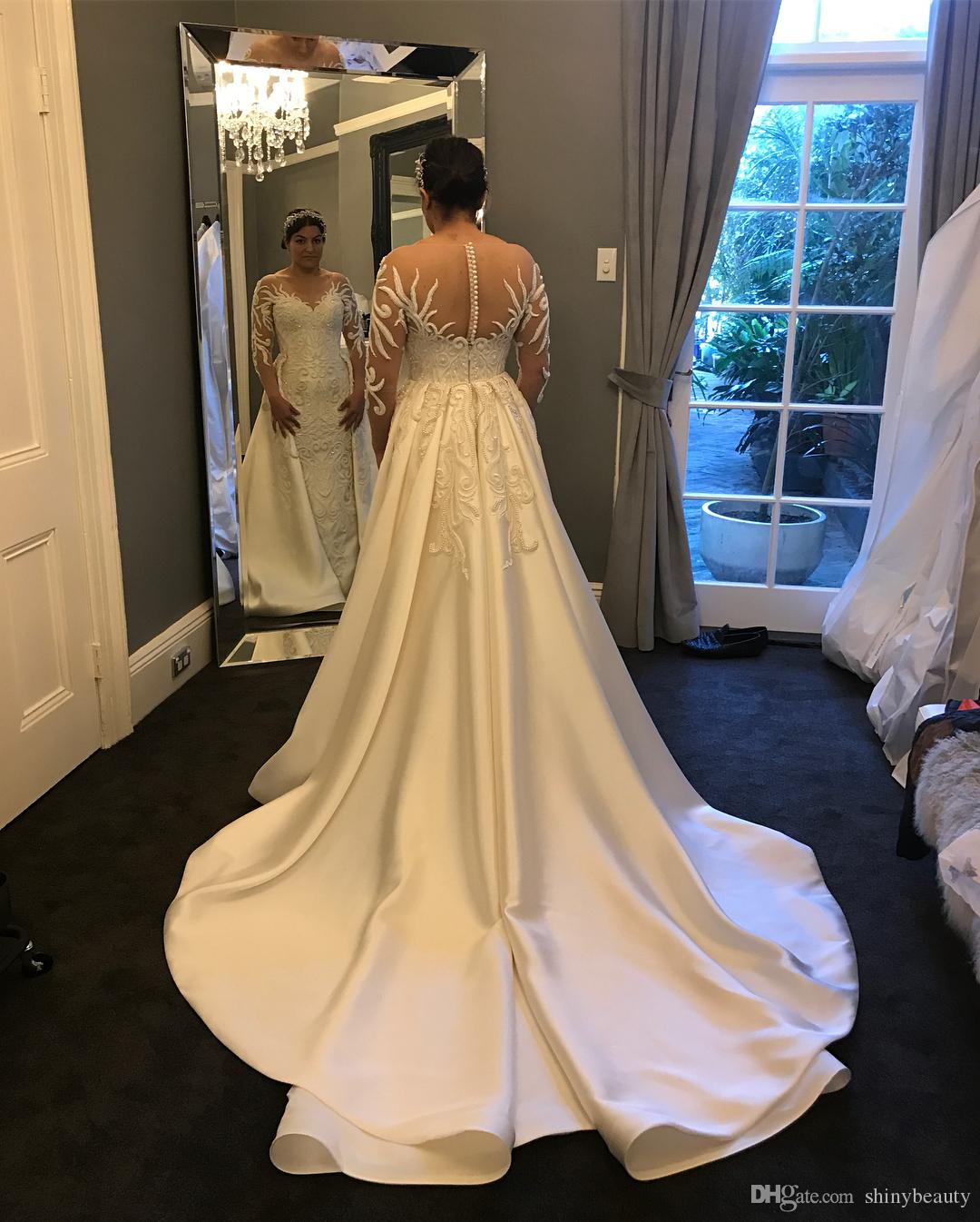 2020 Gorgeous Mermaid Wedding Dresses With Detachable Train Lace Appliqued Pearls Long Sleeve Wedding Dress Custom Made Robes De Mariée