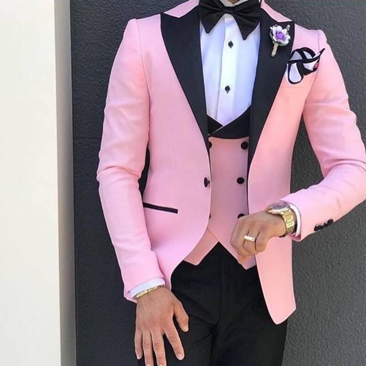 Handsome Pink Groomsmen Black Peak Lapel Groom Wedding Tuxedos Mens Prom Dinner 3 Pieces Suits Jacket Blazer