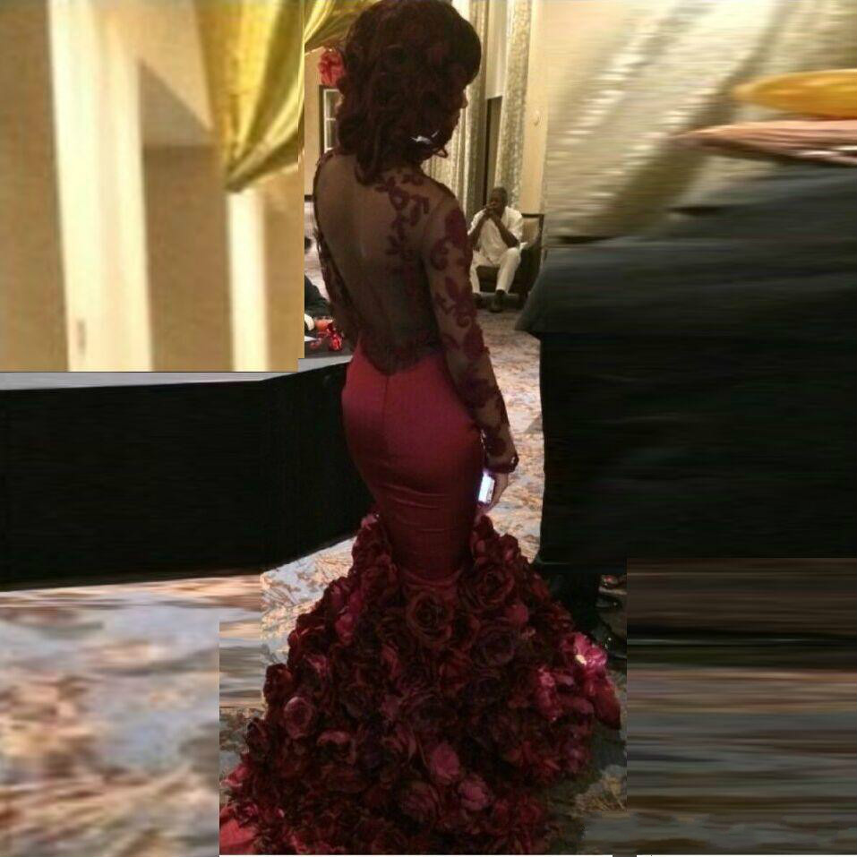 Elegant Maroon black girls mermaid prom dresses open back sexy sheer top appliques long sleeve evening dress tight Rose Floral fishtail gown