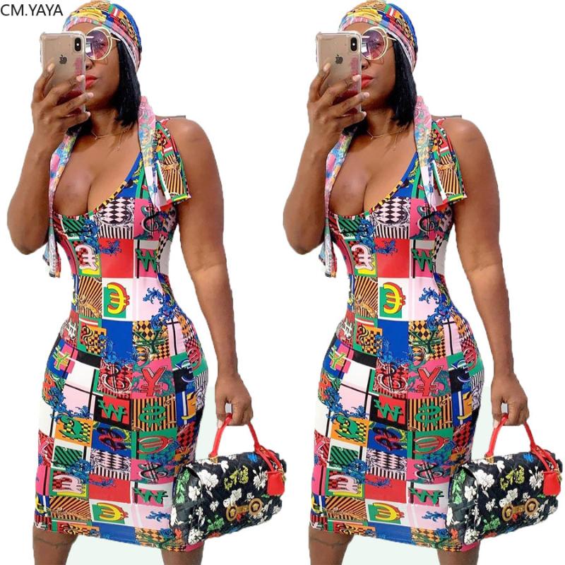 summer women letter print sleeveless knee length midi bodycon dress sexy nigth club party dresses vestidos head scarf GL51601