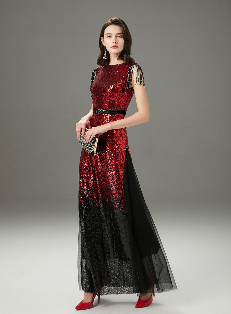 Women's Runway Dresses O Neck Sleeveless Sequined Tassels Color Block Layered Elegant Party Prom Dresses