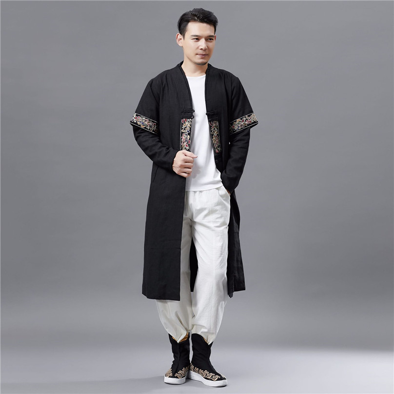 2019 Spring Autumn New Double Collar Long Sleeve T-shirt Men's Retro Fashion Long-style Chinese National Clothing Classic Design