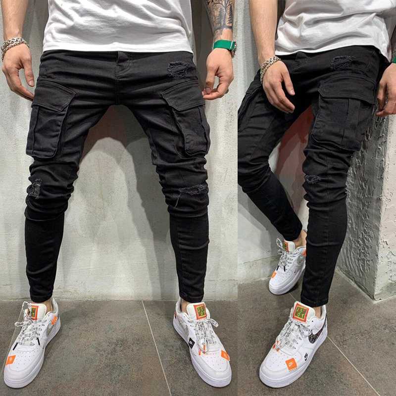 New Black Biker Cargo Jeans Men Multi-Pocket Slim Fit Joggers Trousers Mens Ripped Hole Motorcycle Streetwear Denim Pencil Pants