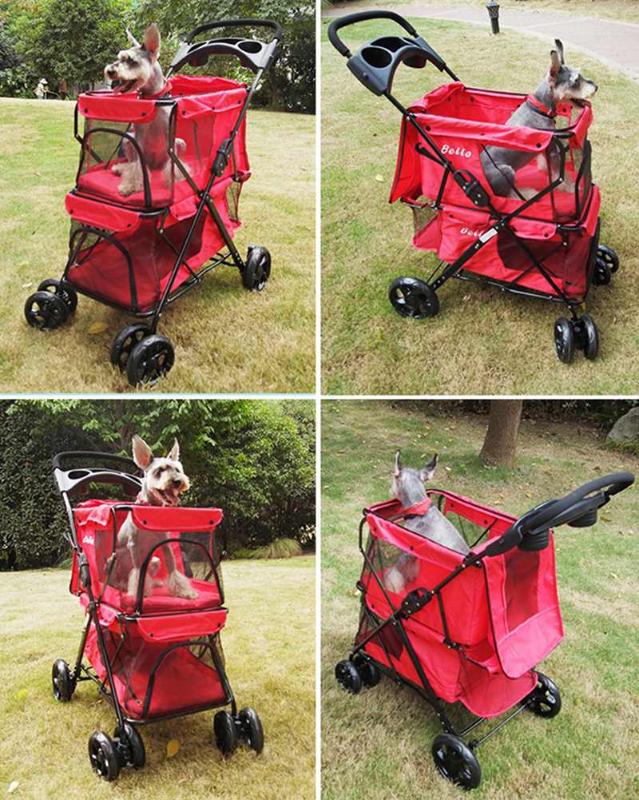 Lightweight Portable 4 Wheel Folding Double-layer Pet Stroller for 2 Dogs with Large Space Double Cat Strollers Outdoor Travel