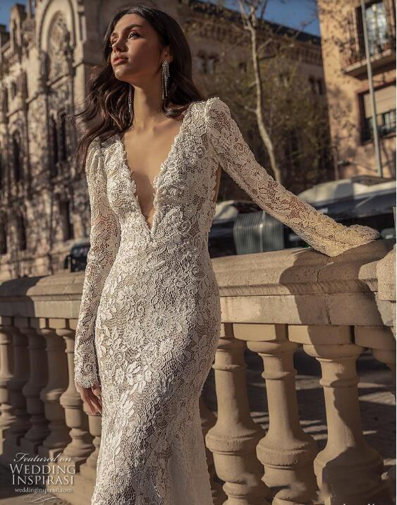 Julie Mermaid Vino Lace Wedding Dresses Deep V Neck Long Sleeve Bridal Gowns Backless Sexy Vintage Vestido De Novia Intage Estido