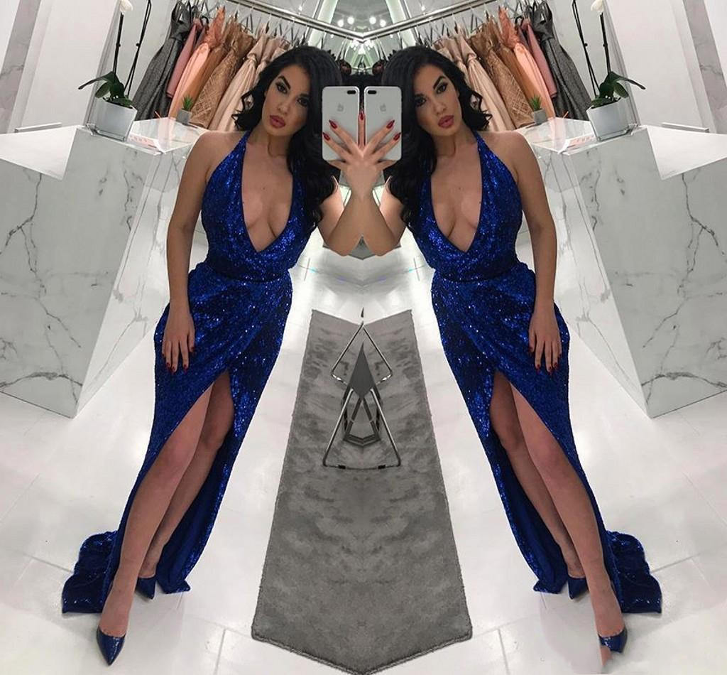 Simple Royal Blue Sequin Prom Long Party Sweet 16 Gowns Plunging Neckline Front Split Formal Evening Dresses Halter 0510