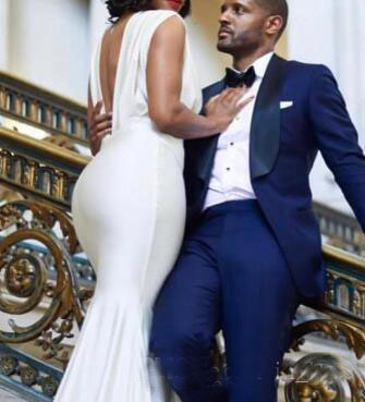 Mondern Mermaid Wedding Dress Backless Deep V Neck Pleats Floor Length Long Bridal Gowns Custom Plus Size Wedding Gowns