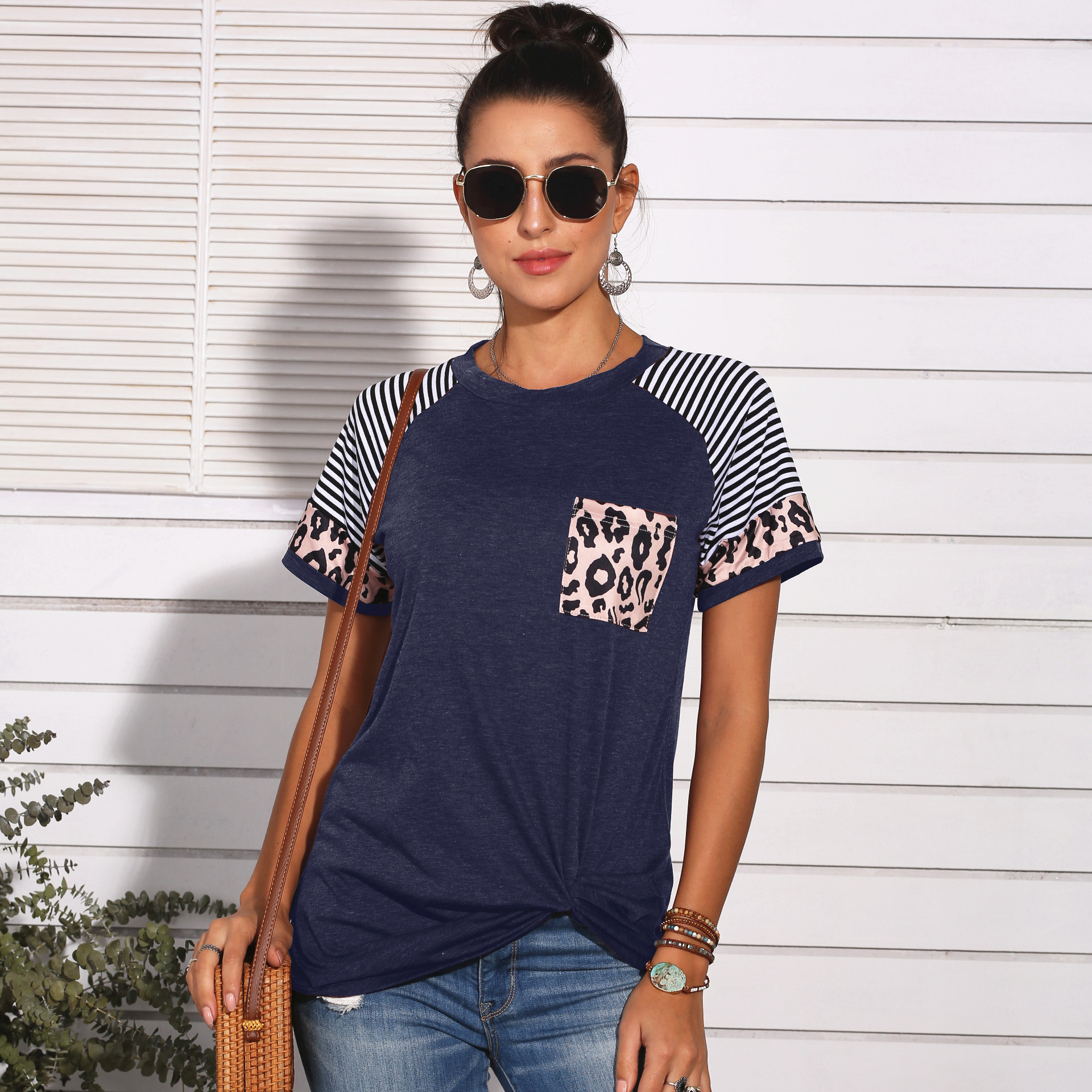 Fashion Women Casual Short Sleeve Summer T-shirt Leopard Stripes Stitching T shirt Top Tees Femme Ladies Tshirt Clothes Soft