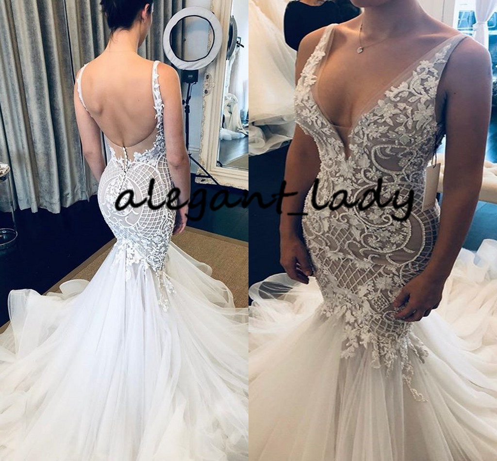 Luxury Lace Applique Mermaid Wedding Dresses 2020 Sexy V-neck Backless Ruffles Cathedral Train Trumpet Garden Bride Gowns