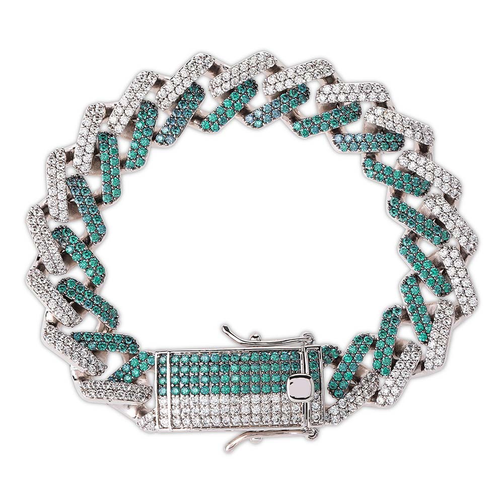 Mint Green Cuba Chain Bracelet Men's Hip Hop Full Diamond Stone Platinum Plated Geometric Shape Bangle