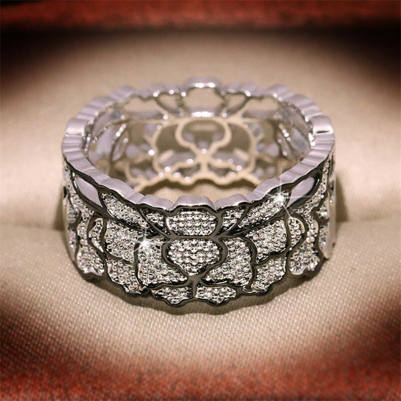 Unique Classic Fashion Jewelry Sweet Cute 925 Sterling Silver Lace Flower Pave White Sapphire CZ Diamond Hollow Women Wedding Band Ring Gift