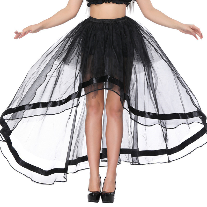 Women Elastic Waist Black Mesh Tulle Hi-lo Floor Length Long Swing Skirt for Burlesque Corset Top Perfect Halloween Outfit Skirts Plus Size