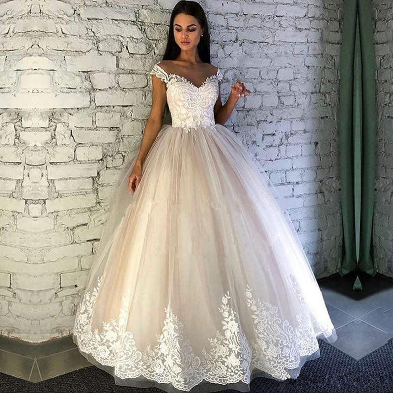 cheap wedding dresses elegant off the shoulders lace appliques tulle floor length bridal gowns for summer weddings