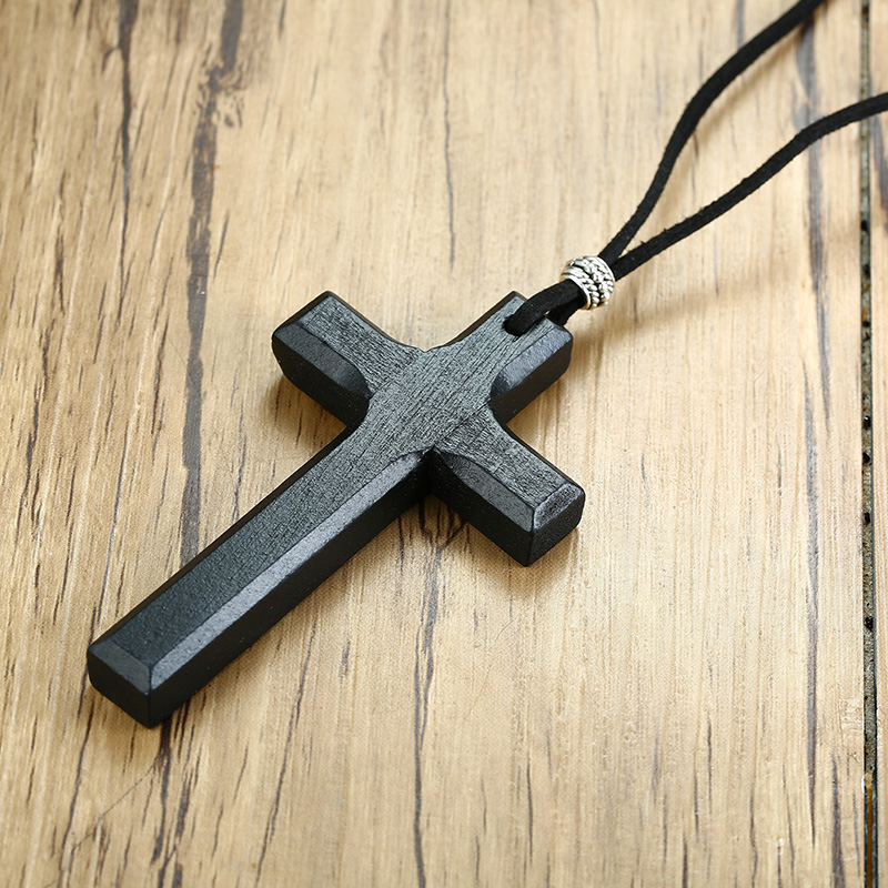 Large Wood Necklace with Leather Cord Hand Carved Necklace Faith Jesus Mens jewelry