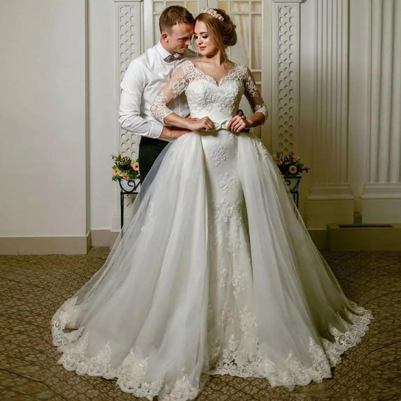 Custom Long Sleeves Lace Appliques Mermaid Wedding Dresses with Detachable Train V Neck Lace Up Back Wedding Bridal Gowns, Red
Custom Long Sleeves Lace Appliques Mermaid Wedding Dresses with Detachable Train V Neck Lace Up Back Wedding Bridal Gowns, Red