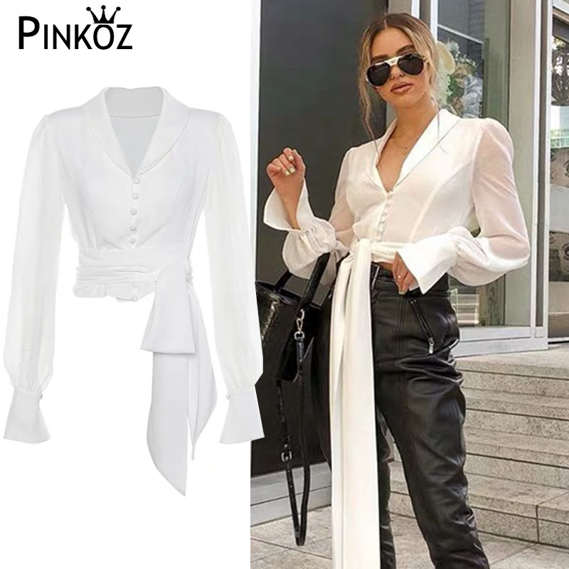 Pinkoz celebrity designer style white blouse women single breasted chiffon elegant sashes lace up shirt short tops summer chic, Black
Pinkoz celebrity designer style white blouse women single breasted chiffon elegant sashes lace up shirt short tops summer chic, Black