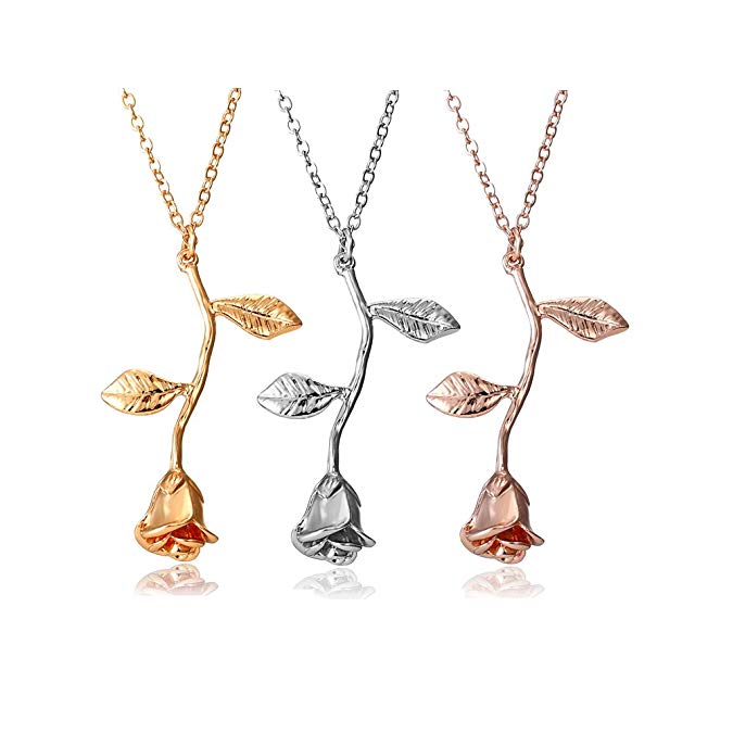 Rose Pendant Necklace Jewelry Sterling Silver Retro 3D Leaf Valentine's Day Women's Birthday Vintage