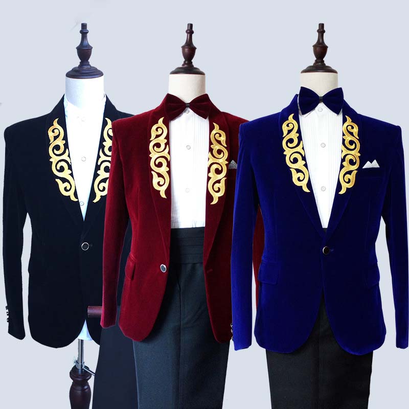2019 Embroidery Velvet Mens Designer Jackets Shawl Lapel Black Burgundy Blue Groom Tuxedos Men Suits In Stock