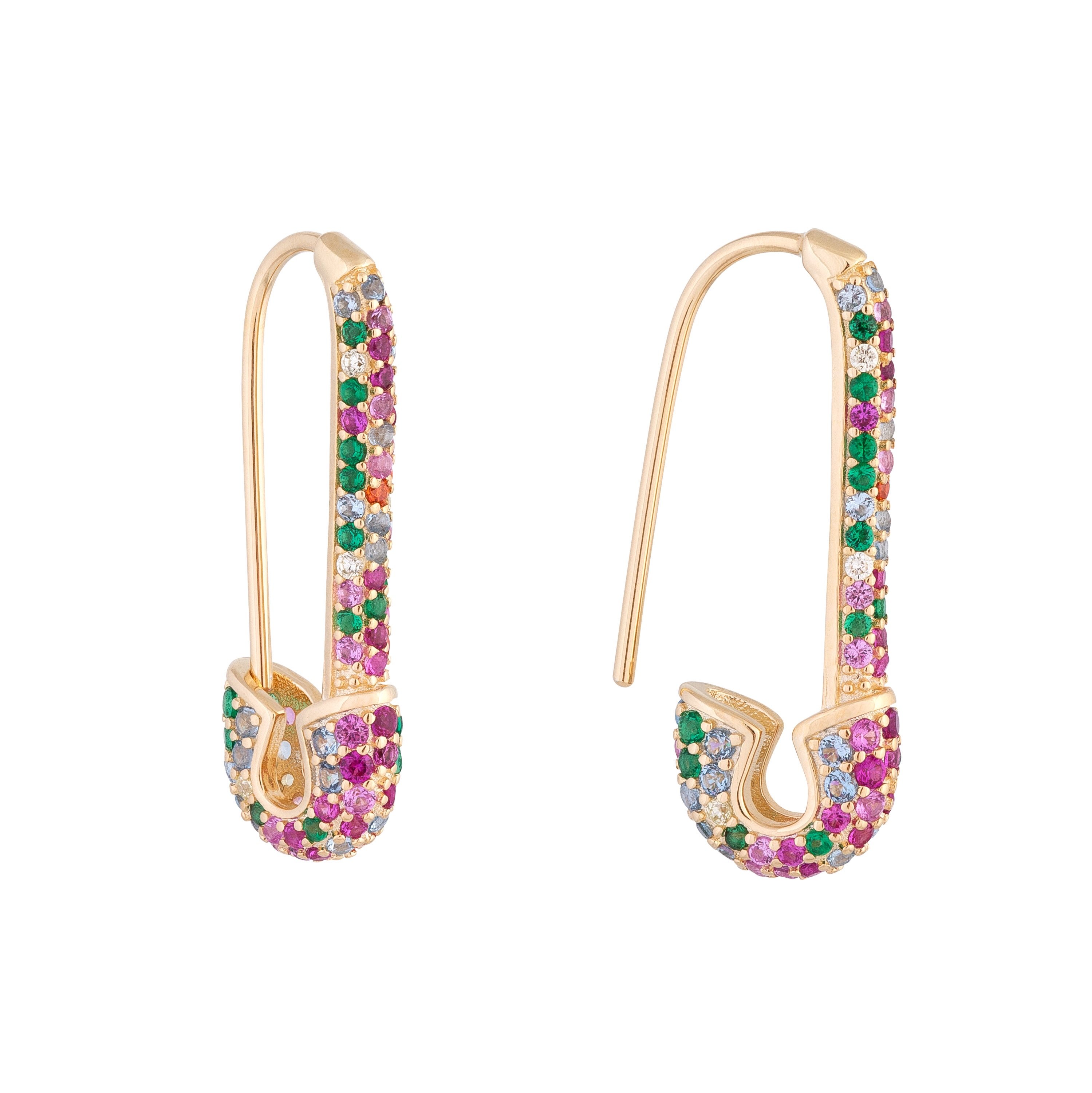 Rainbow Fashion Women hoop Earring Latest New Design Safety Pin Shape Ear Wire Gold Plated Trendy Gorgeous Women Jewelry