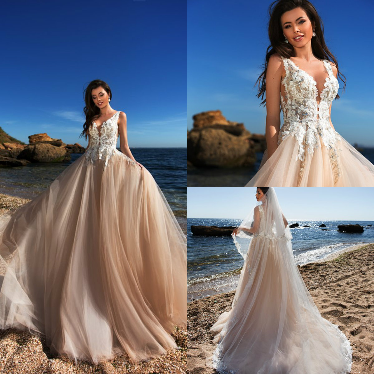Crystal Design Beach Wedding Dresses A Line Lace Appliqued Beaded Sweep Train Champagne Bridal Gowns Custom Made Bohemia Wedding Dress