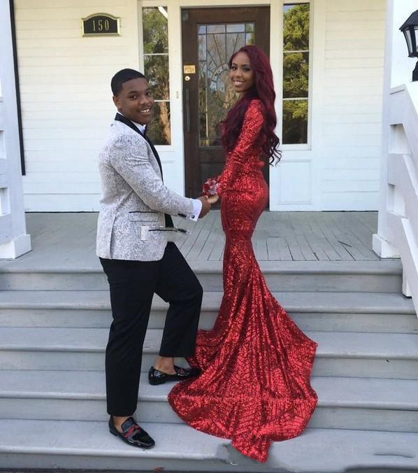 African Girl Simple Sequined Red Prom Dresses Long Sleeve V Neck Mermaid Pageant Dress Formal Evening Party Gowns Custom Made 0510