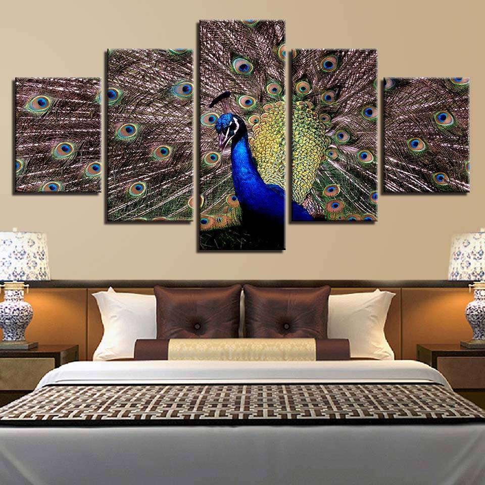 Canvas Abstract Poster Photo Wall Art 5 Panel Beautiful Peacock Home Decoration Paintings Modern Modular Pictures No Frame