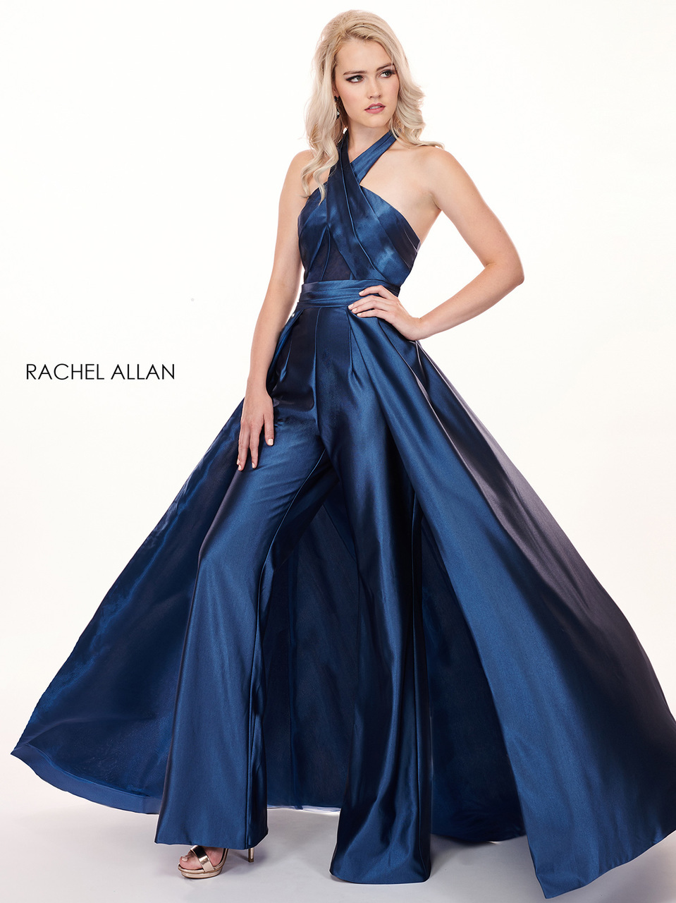 Royal Blue Halter Prom Dresses Jumpsuits Gloosy Satin Backless Sweep Train Pants Suits Evening Gowns Plus Size Party Dress Abendkleider