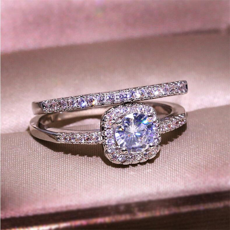 Couple Rings Luxury Jewelry 925 Sterling Silver Round Cut 5A Cubic Zirconia CZ Diamond Eternity Party Women Wedding Bridal Ring Set Gift