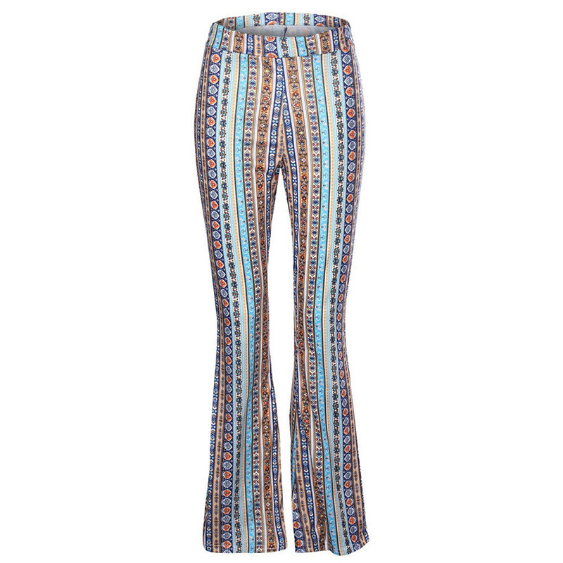 2018 Women Striped Printed New Boho Flare Pants High Elastic Waist Vintage Soft Stretch Ethnic Style Bell Bottom Hippie Pants V191019