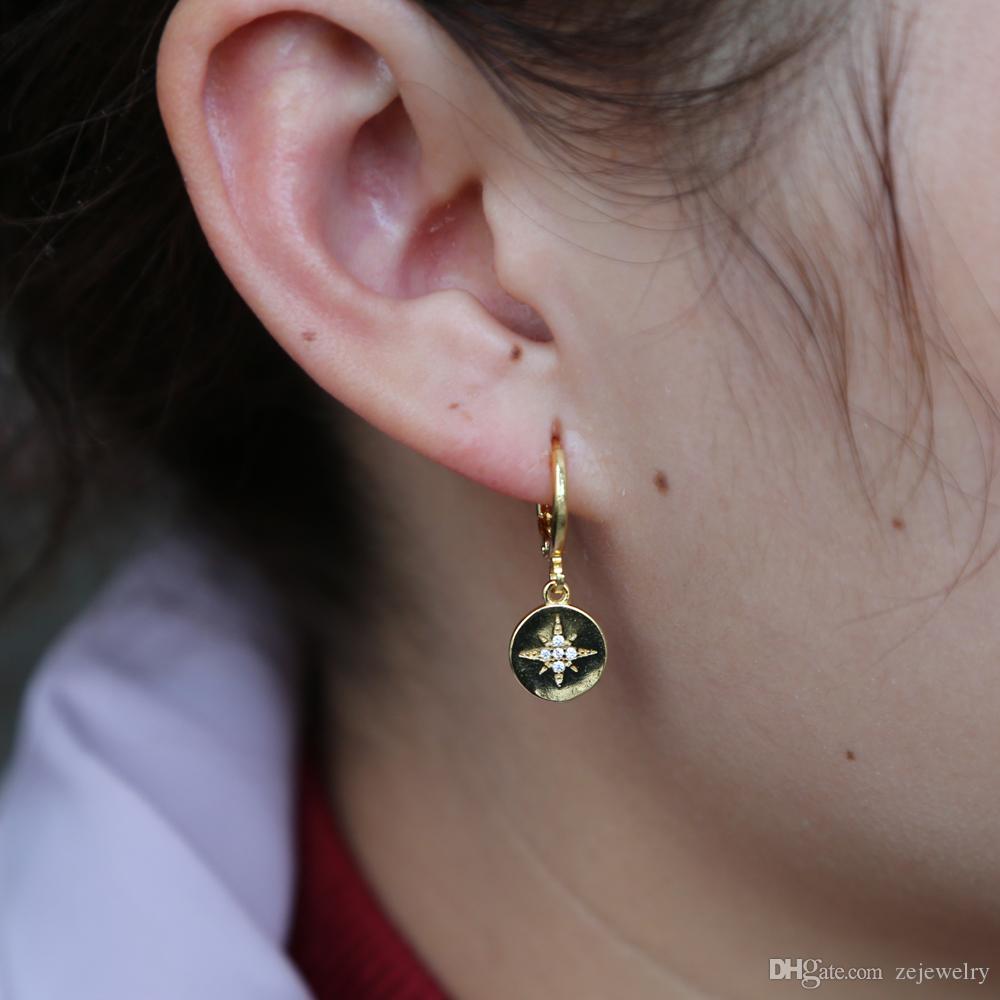 2018 Geometric dangling coin earring gold color engrave north star elegance cute girl women gift for Christmasv