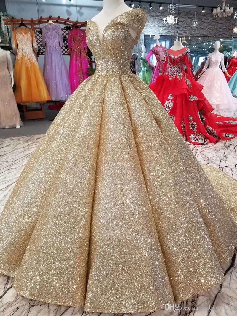 New Long Bling Gold Prom Dresses Sequins Ball Gown Quinceanera Dresses Off Shoulder Court Train Formal Evening Wear Dress Lace Up Back