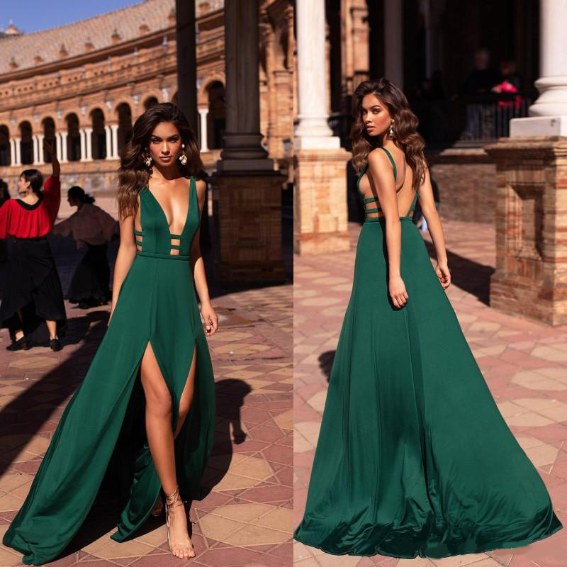 Sexy Prom Dresses 2020 Deep V Neck Side Splits Backless Evening Gowns A Line Cheap Party Wear