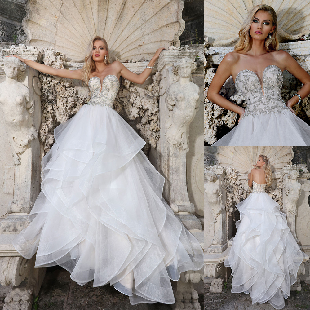 Bling Bridal Gown Sexy Sweetheart Beaded Glitter Wedding Dress Backless Ruffle Tiered Skirts Sweep Train Custom Made Robes De Mariée