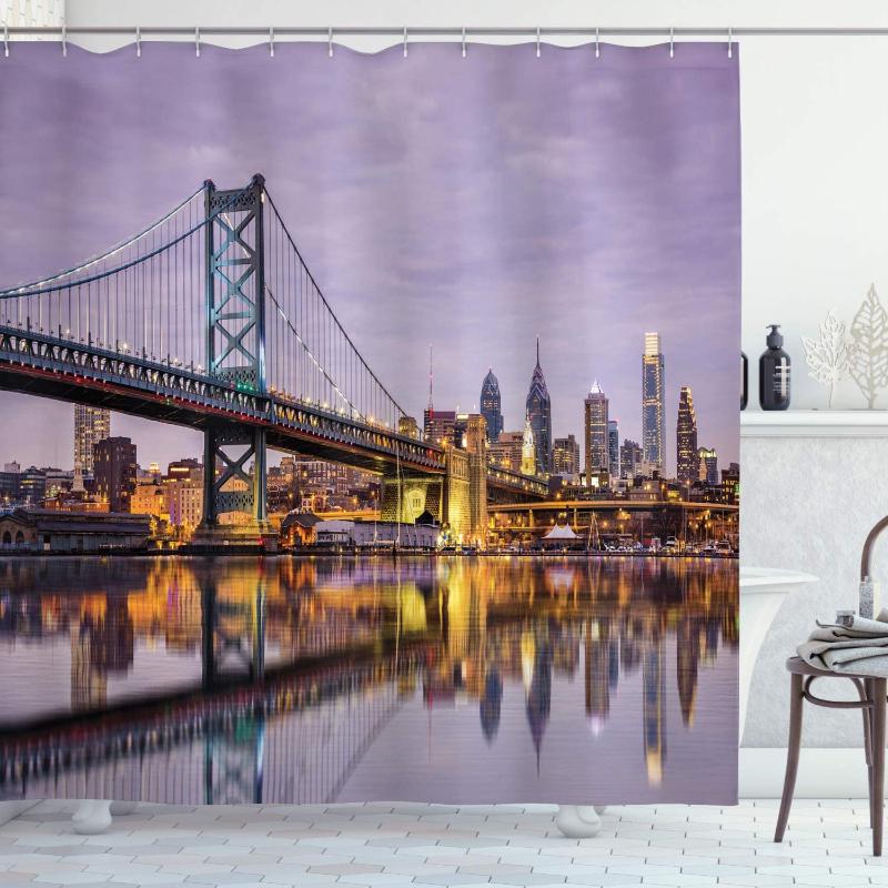 USA Shower Curtain Ben Franklin Bridge and Philadelphia Skyline Setting Sun Reflections on Water Bathroom Decor Set with Hooks
USA Shower Curtain Ben Franklin Bridge and Philadelphia Skyline Setting Sun Reflections on Water Bathroom Decor Set with Hooks