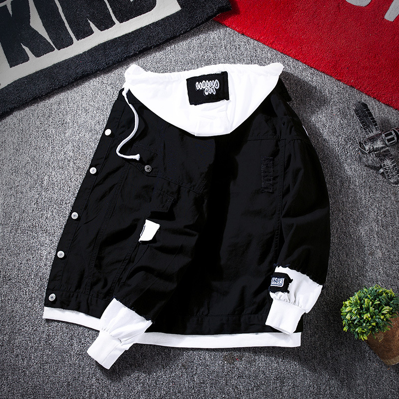 Red Pink Black Jeans Jacket Men Slim Streetwear Ripped Denim Jacket Hoodie Hip Hop Bomber Jackets Homme Autumn
