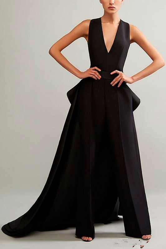 2020 Ashi Studio Black Evening Jumpsuits With Detachable Skirt V Neck Prom Gowns Cheap Plus Women Formal Pant suit