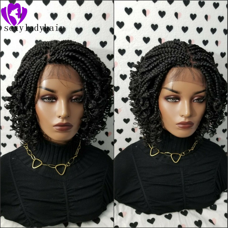 200density full short Braided Wigs Box Braids Wigs For Black Women Lace Front Braid Wig Curly 14inch Black/ Brown With Body Hair